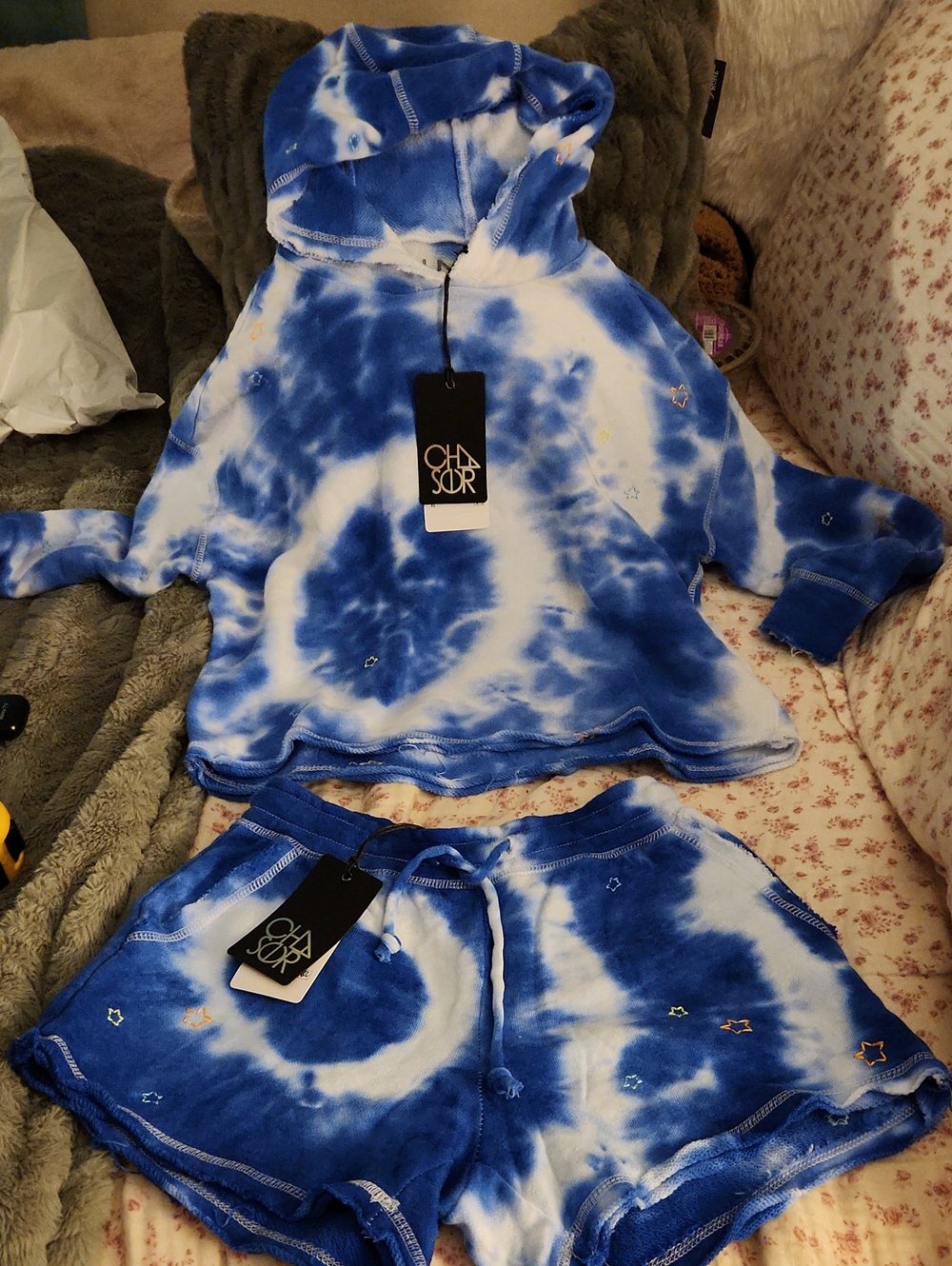 Chaser Blue and White Tie-Dye Hoodie & Shorts Lounge wear Set